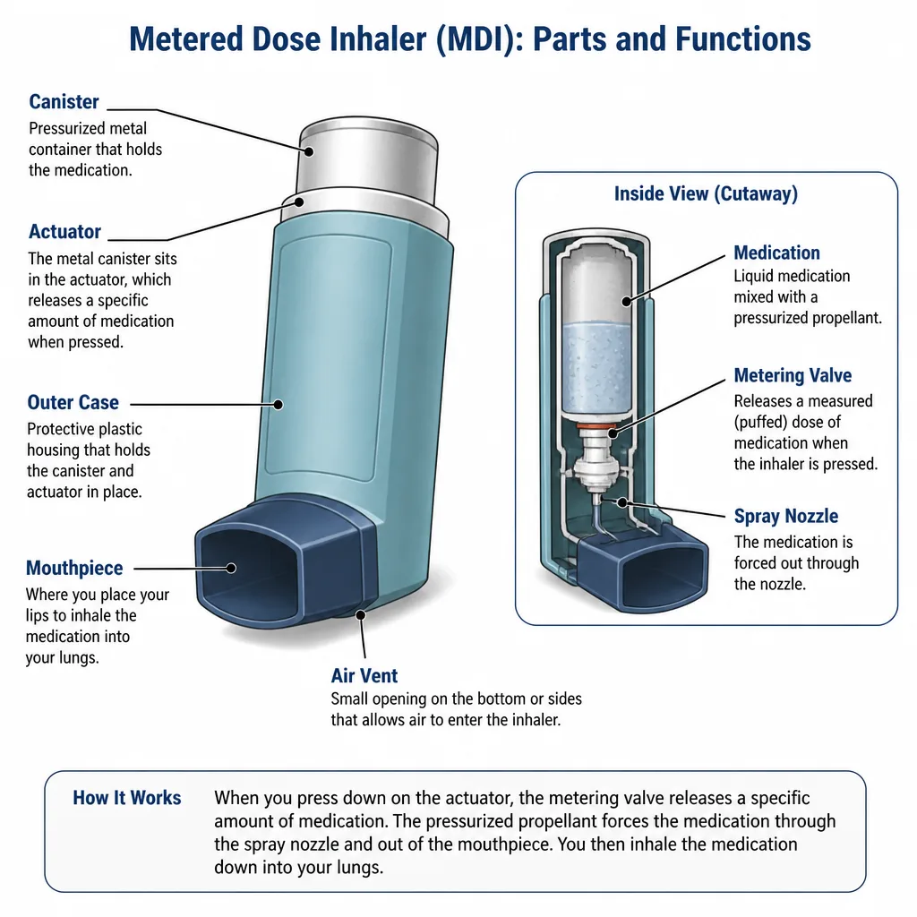 Inhaler parts diagram for teaching correct use