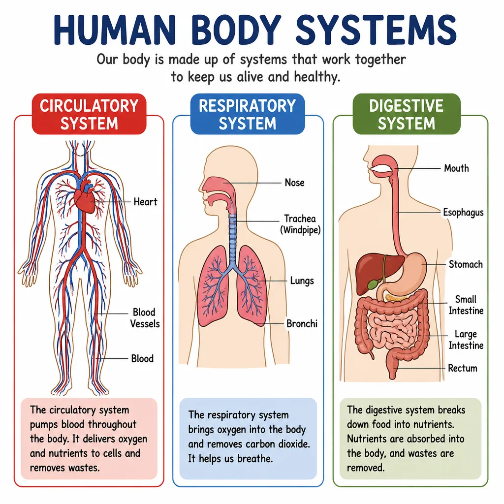 Human anatomy body systems overview illustration