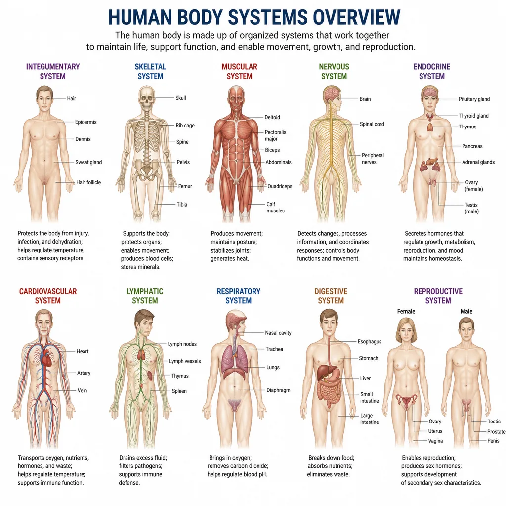Labeled human body systems overview for patient education