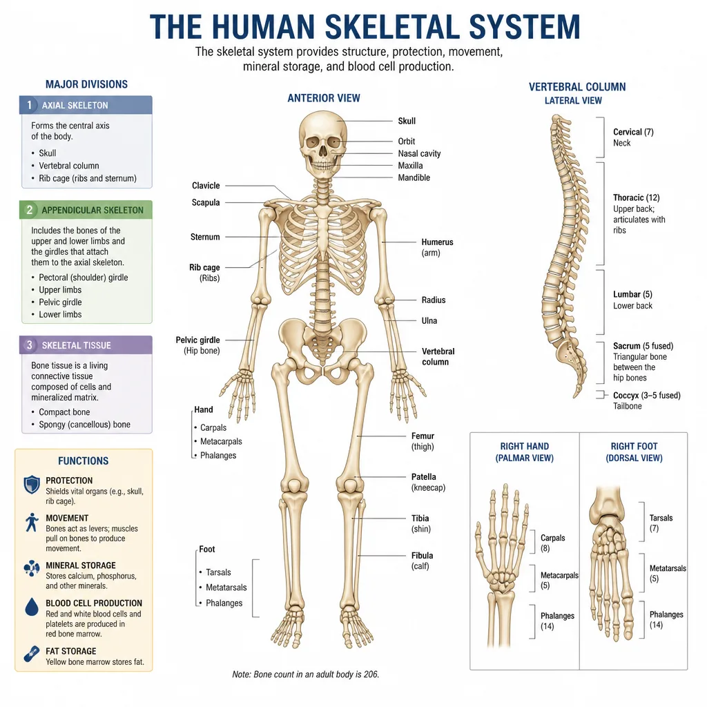 Skeletal system overview illustration with clear labels