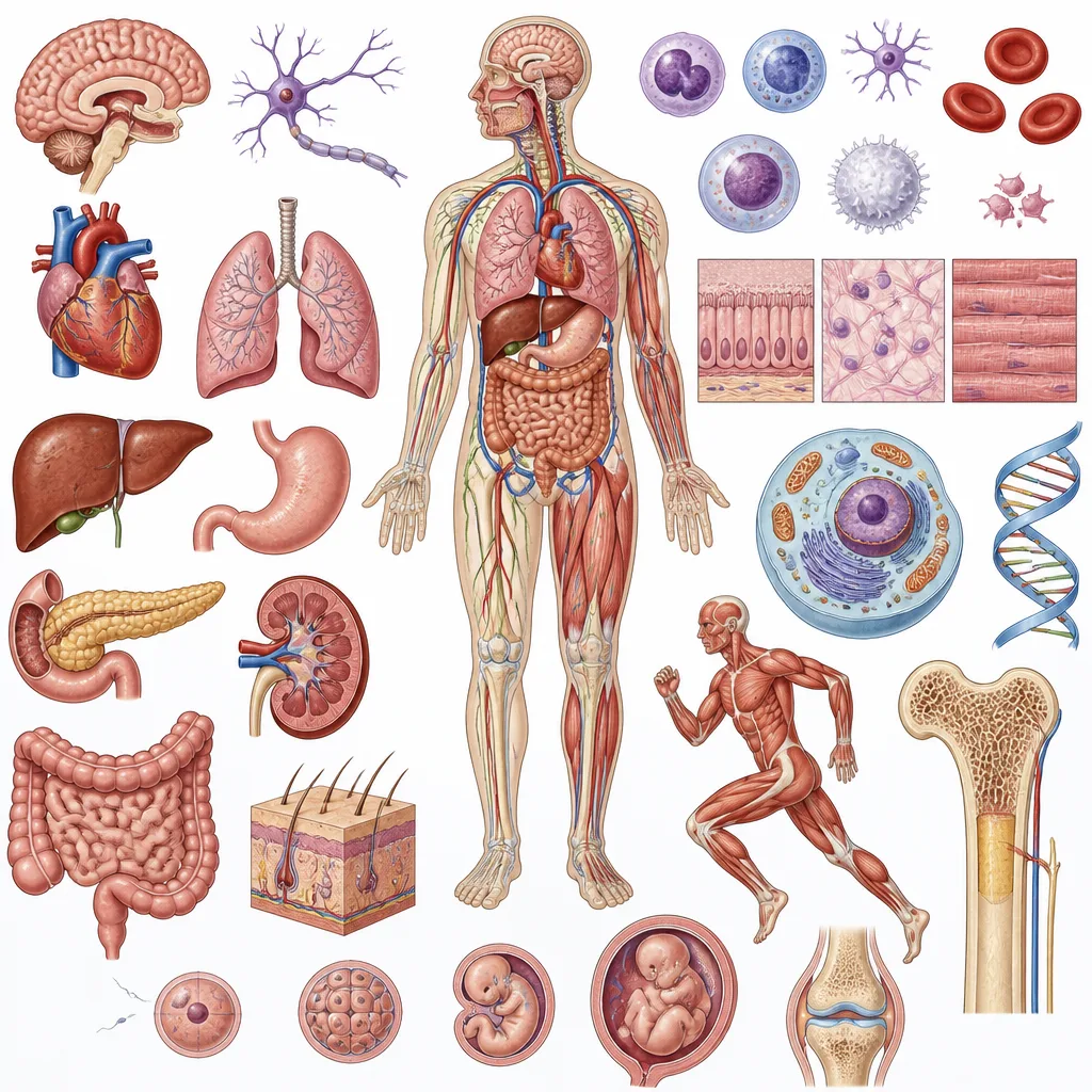 Generated collage of anatomical structures and body systems