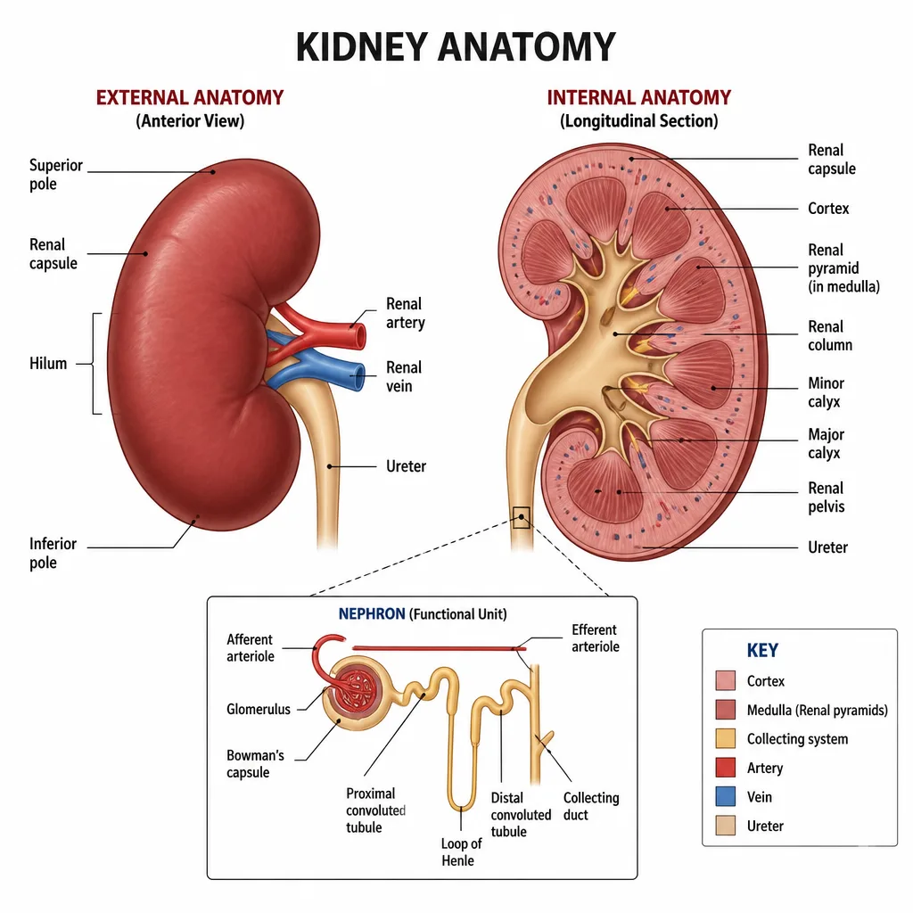 Kidney anatomy diagram for clinical teaching