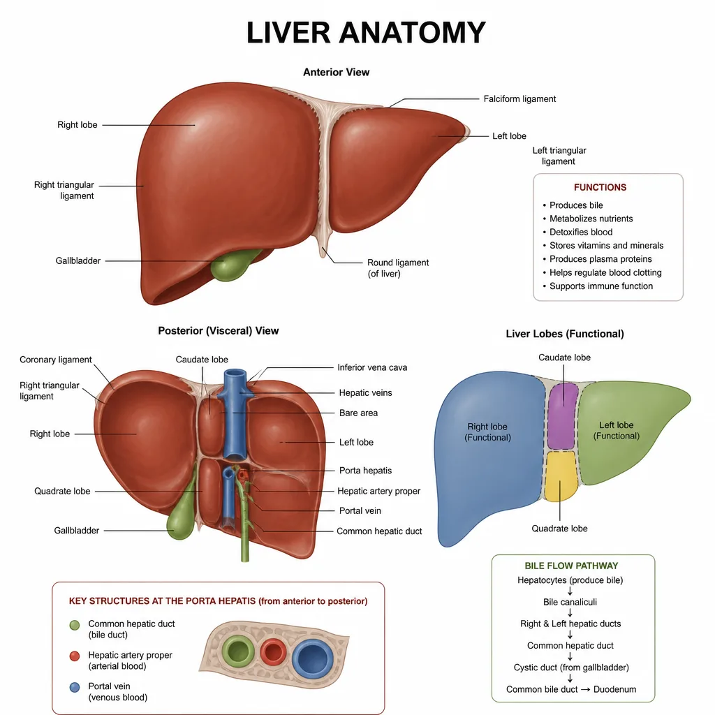 Liver anatomy illustration with teaching labels
