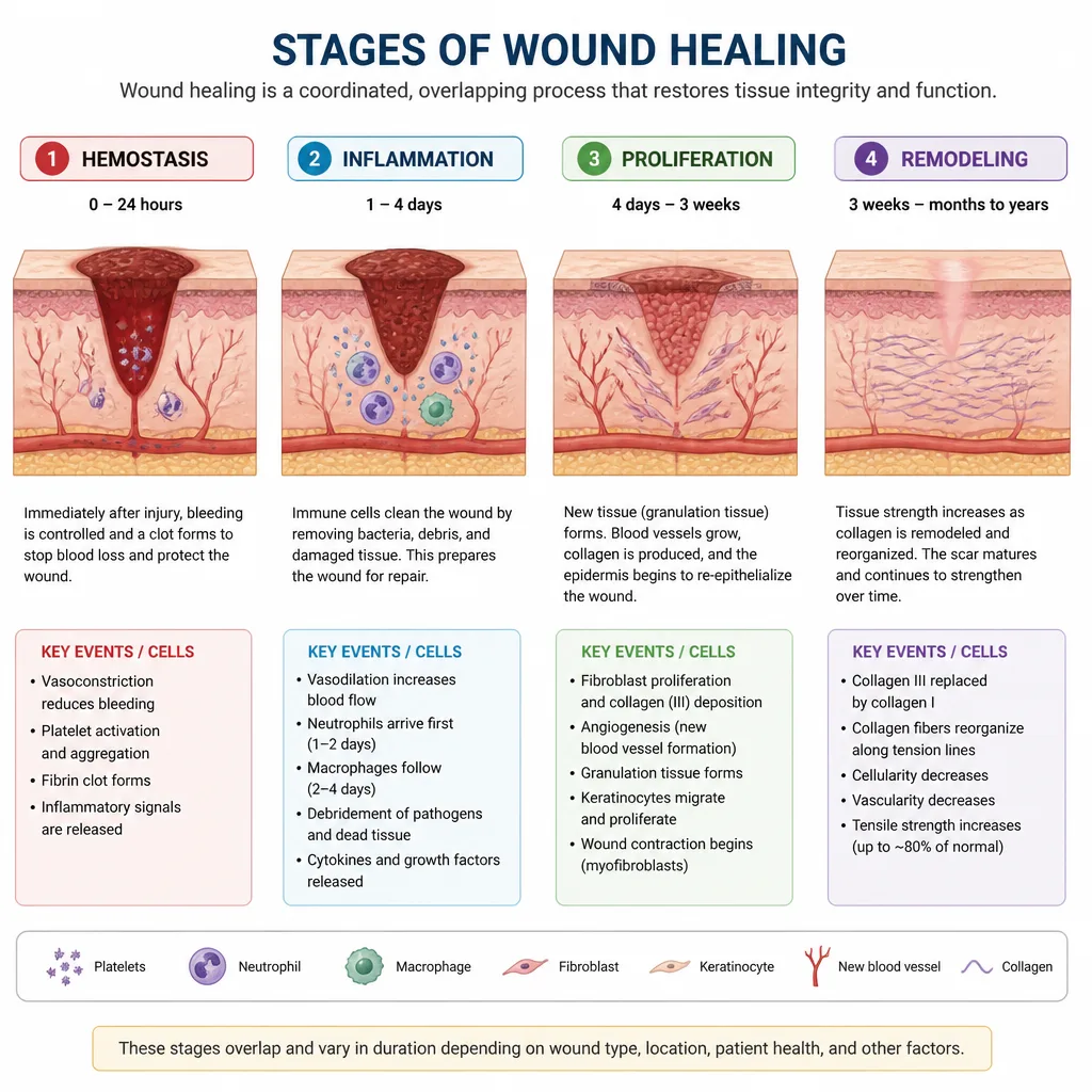 Wound healing stages pathology diagram