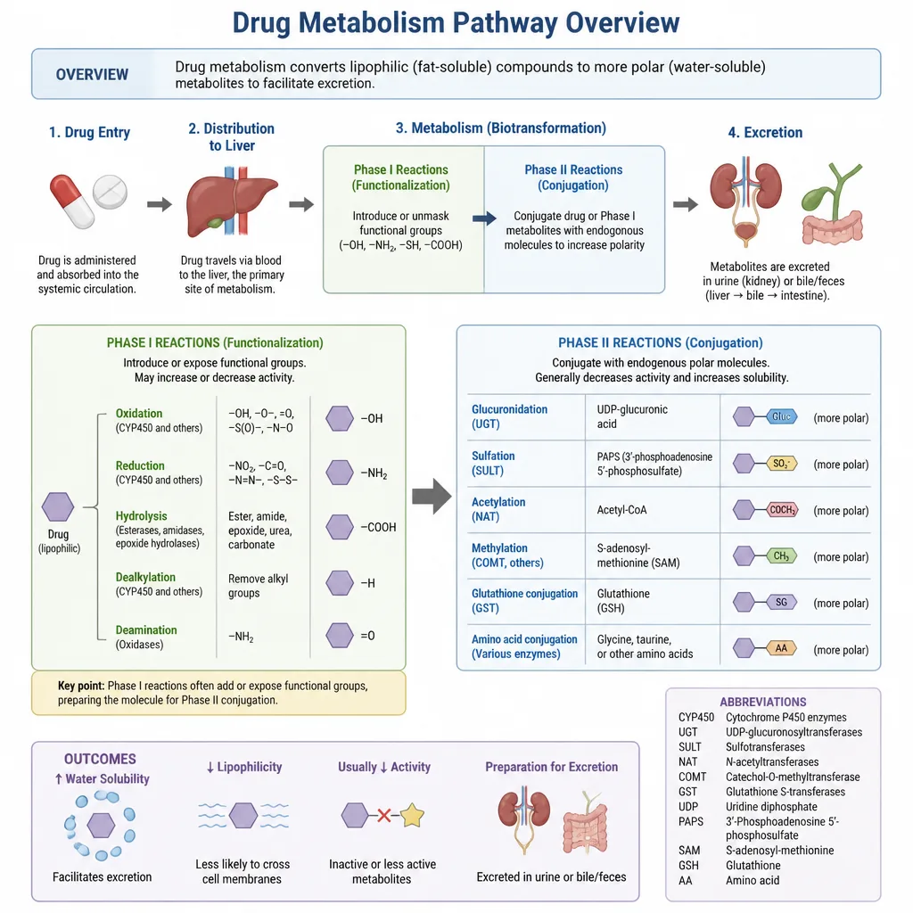 Drug metabolism overview illustration for teaching